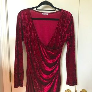 Red Velvet V-neck Asymmetrical Dress